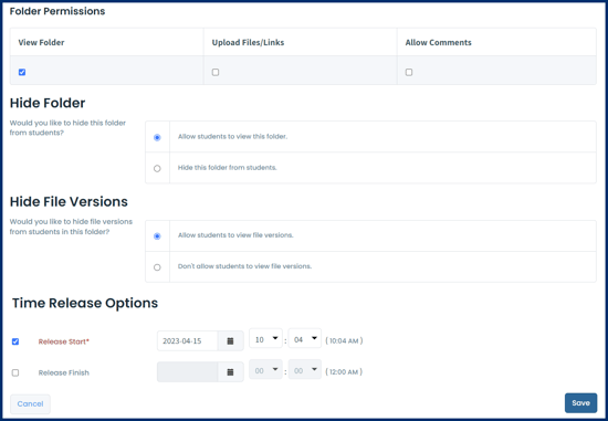 Adding a Shared Folder - Permissions, Hide Folder, File Versions, Time Release in a Course Website