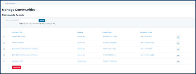 Admin Manage Communities Page