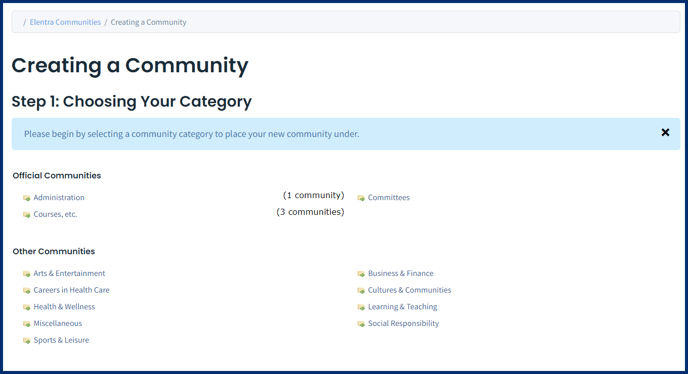 Creating a Community Step 1 Choose a Category