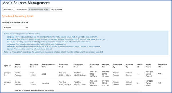 Media Sources Manage Page - Schedule Recording Details Tab With Table