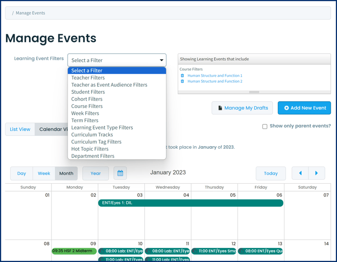 Filters on the Manage Events Page