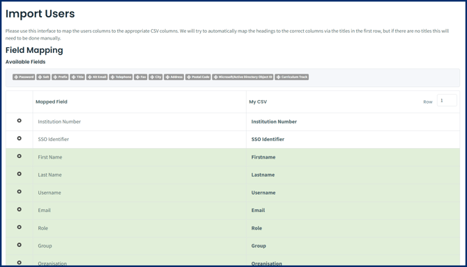 Import Users Mapping Fields