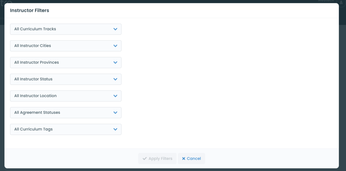 Manage Instructor filter options displayed with dropdown menu