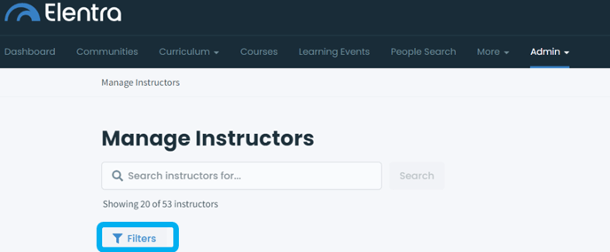 Manage Instructors module highlighting the filters option