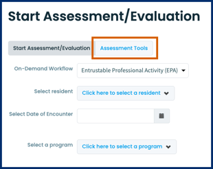 New Start Assessment/Evaluation page with Assessment Tools button highlighted